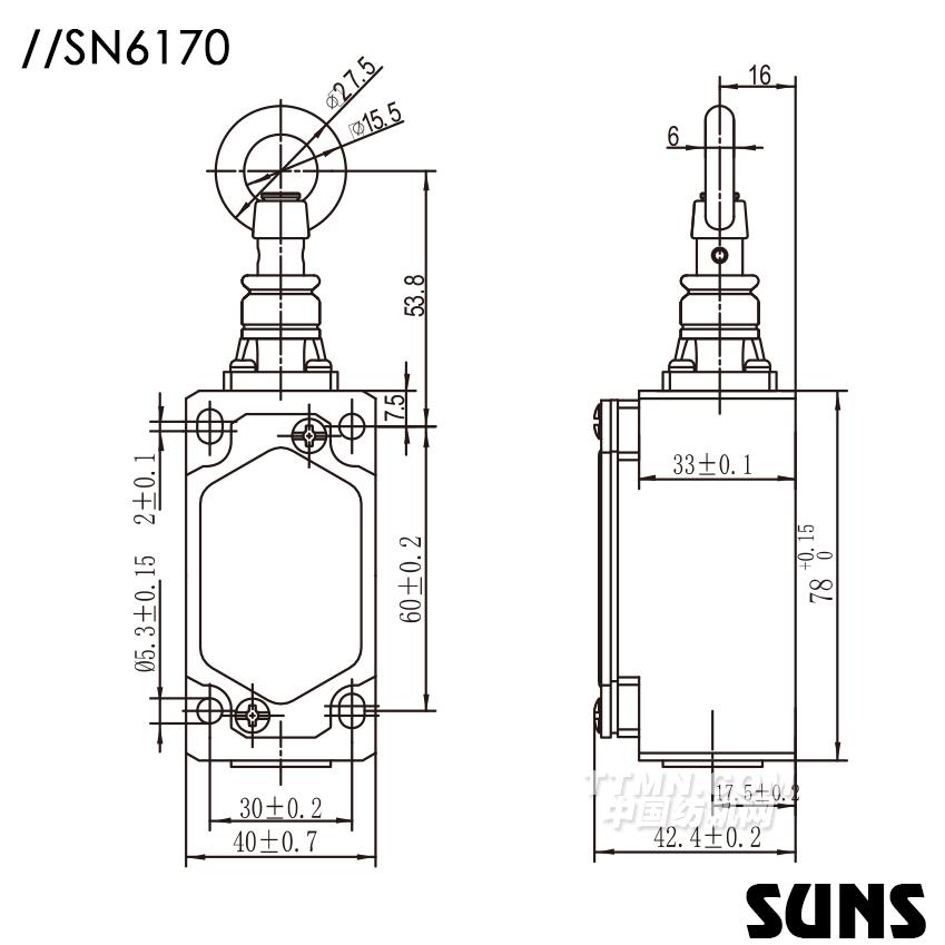 SUNS美國三實自復(fù)位拉繩開關(guān)SN6170安全拉繩開關(guān) 單向動作式拉繩開關(guān) 尺寸圖