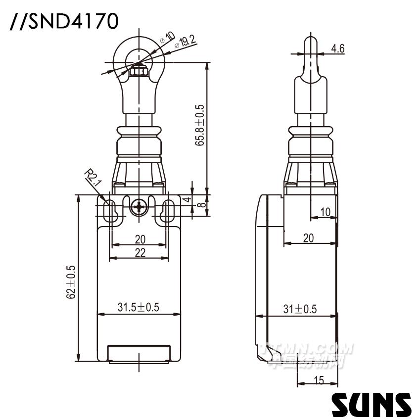 SUNS美國(guó)三實(shí)自復(fù)位拉繩開(kāi)關(guān)SND4170安全拉繩開(kāi)關(guān) 單向動(dòng)作式拉繩開(kāi)關(guān) 尺寸圖