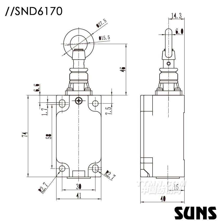 SUNS美國三實(shí)自復(fù)位安全開關(guān)SND6170安全拉繩開關(guān)（單向動(dòng)作式）尺寸圖