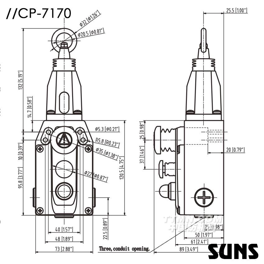 SUNS美國三實(shí)帶急停按鈕拉繩開關(guān)CP7170-SL22-C-R-E防水安全開關(guān) 尺寸圖